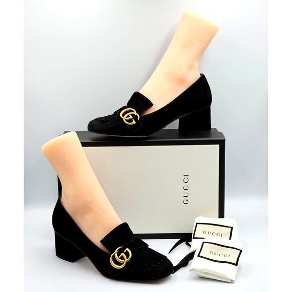 Gucci Women's Marmont Mid Block Heel Pumps In Black Suede Heels Pumps Sz 38 2636 - Picture 1 of 16